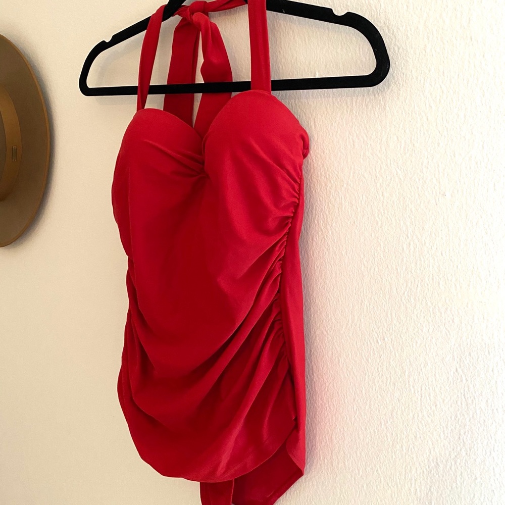 Retro red one piece halter swimsuit